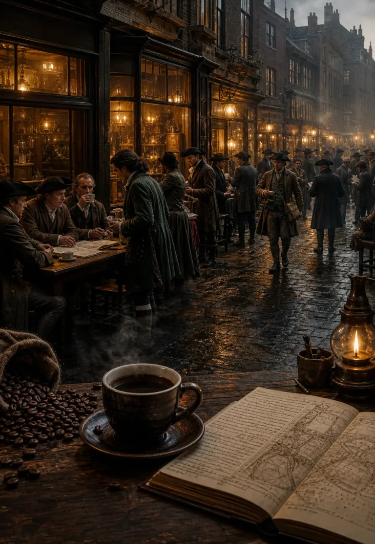 London loved coffeehouses: Busy 17th-century London coffeehouse street with glowing windows, wet cobblestones, and social crowds