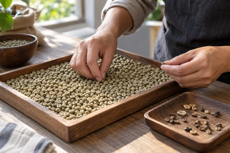 Green coffee beans being graded for defects