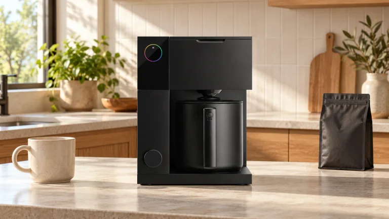 Matte-black Fellow Aiden and thermal carafe on a stone counter in a modern oak kitchen