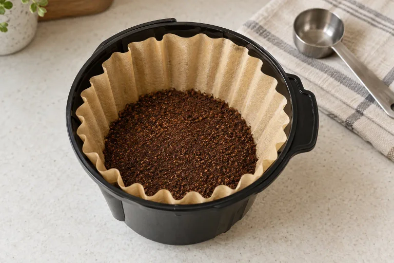 A paper-lined drip coffee basket holding an even bed of medium-ground coffee