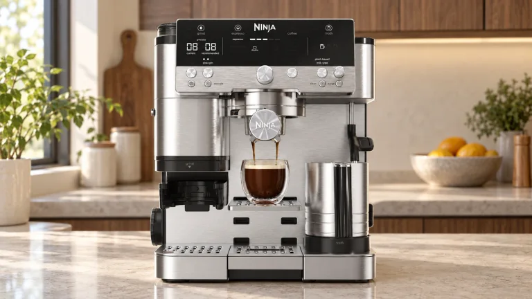 Ninja Luxe Café Premier ES601 in stainless steel on a stone counter in a modern kitchen