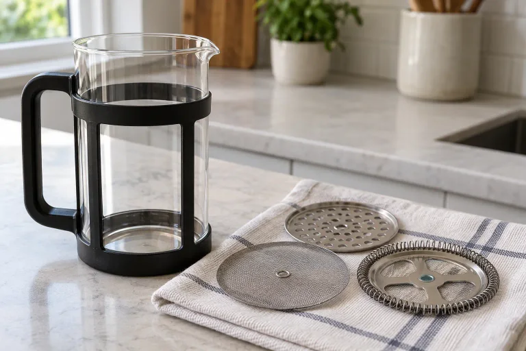 Clean French press mesh filter parts beside a dry glass beaker