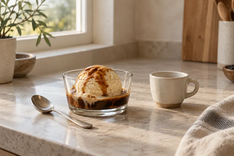 Vanilla ice cream with espresso in a small dessert glass beside an espresso cup