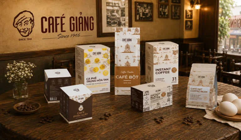 Café Giảng branded coffee display and counter detail from the operator’s website