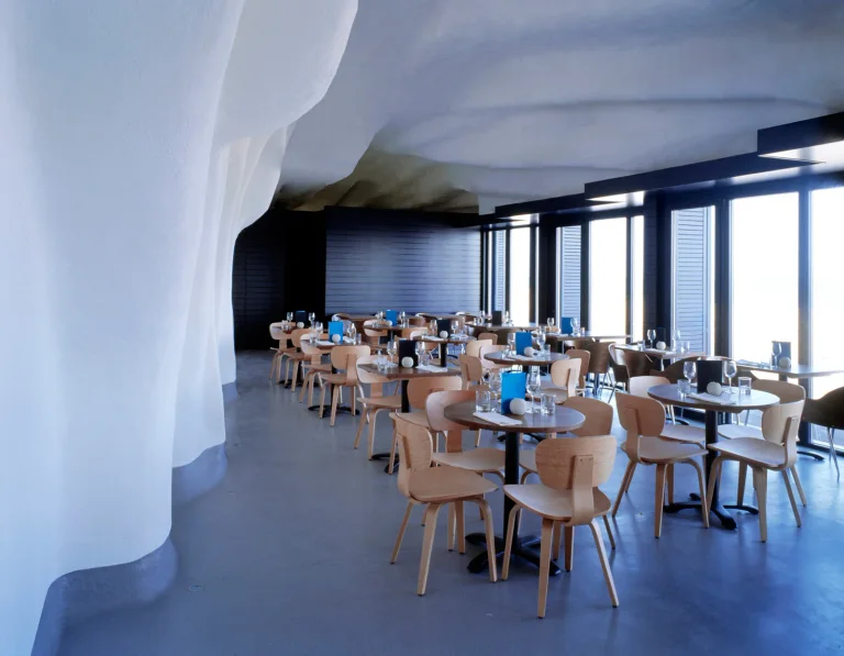 Curved interior walls and sea-facing windows at East Beach Café
