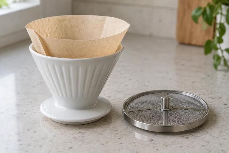 Paper coffee filters beside a fine stainless steel mesh filter on a kitchen worktop
