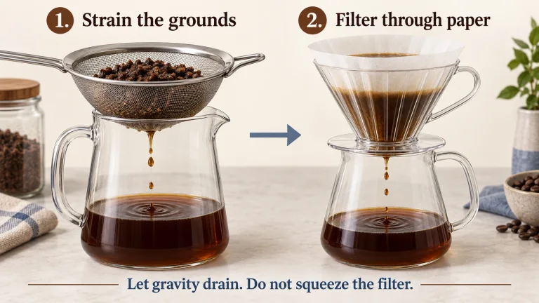 AI illustration of cold brew passing first through a metal sieve and then a supported paper coffee filter
