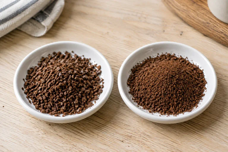Coarse and finer coffee grounds arranged separately on two white dishes