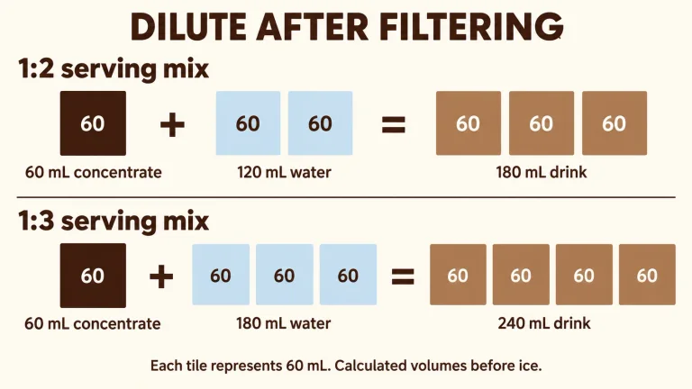 AI dilution diagram: 60 mL concentrate plus 120 mL water equals 180 mL; plus 180 mL water equals 240 mL
