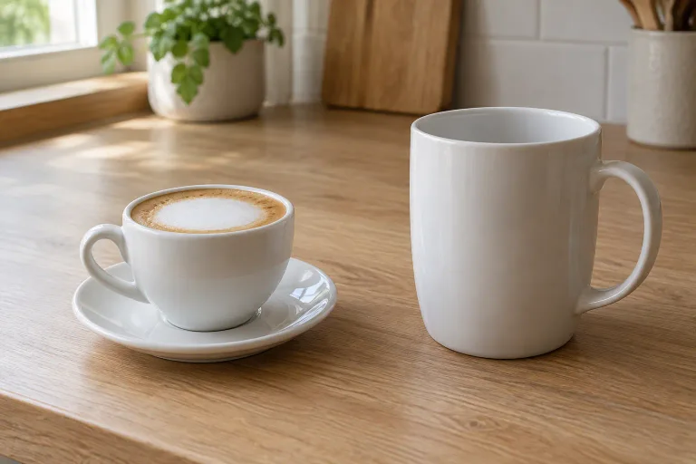 A small cappuccino cup with glossy foam beside a larger empty coffee mug