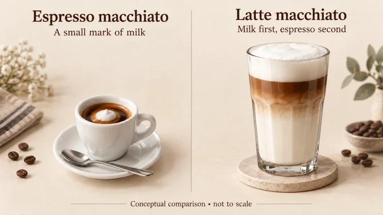 AI illustration comparing a small espresso macchiato with a larger milk-first latte macchiato