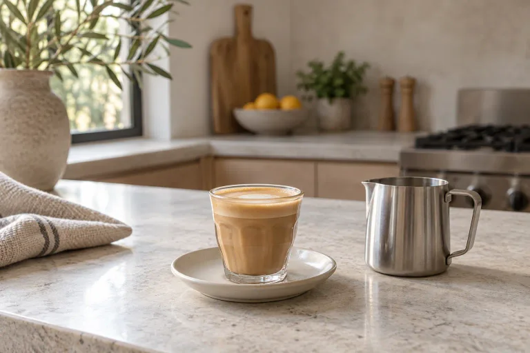 Small glass of cortado with a thin layer of milk foam beside a stainless milk pitcher