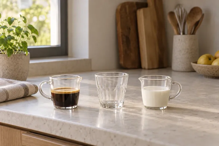 Small cups of espresso and milk beside an empty cortado glass