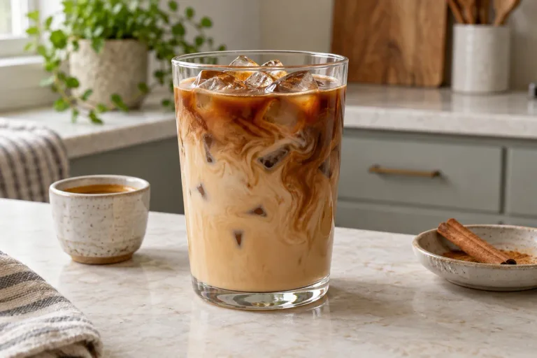 Espresso swirling through iced chai and milk in a clear glass