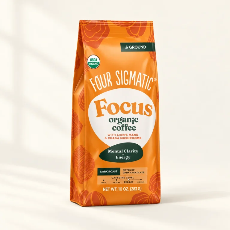 AI illustration of the orange Four Sigmatic Focus Dark Roast ground coffee pouch, 10 oz