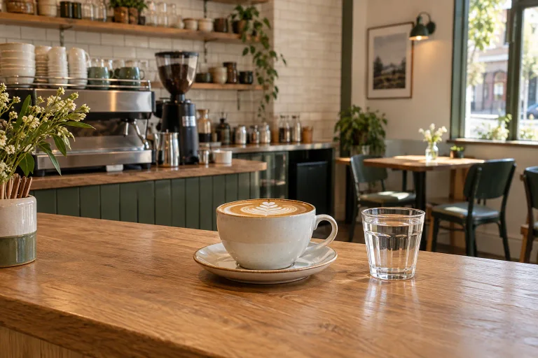 Illustrative neighborhood coffee shop with a cappuccino and an orderly coffee bar