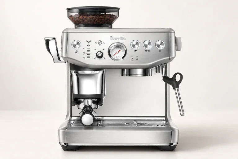 AI illustration of the Breville Barista Express Impress BES876 in brushed stainless steel on a warm off-white studio background.