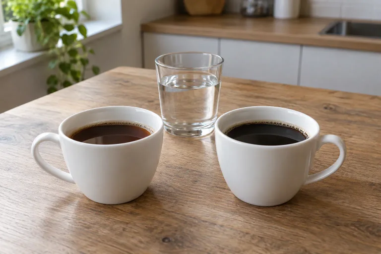 Two matching cups of black coffee beside a glass of drinking water