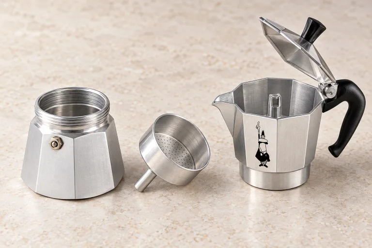 Cold Moka Express separated into its lower boiler, coffee funnel and upper collector