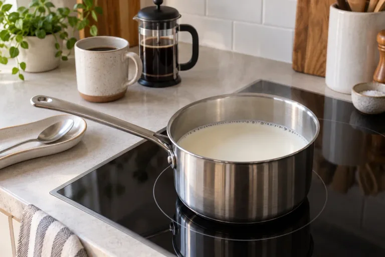 Milk warming gently in a small saucepan beside brewed coffee
