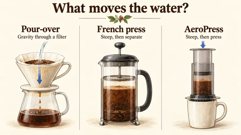 AI illustration comparing gravity through a pour-over filter, immersion in a French press and an upright AeroPress pressed through its filter