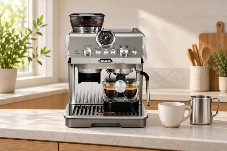 De’Longhi Arte Evo espresso machine on a pale stone counter in a modern oak kitchen