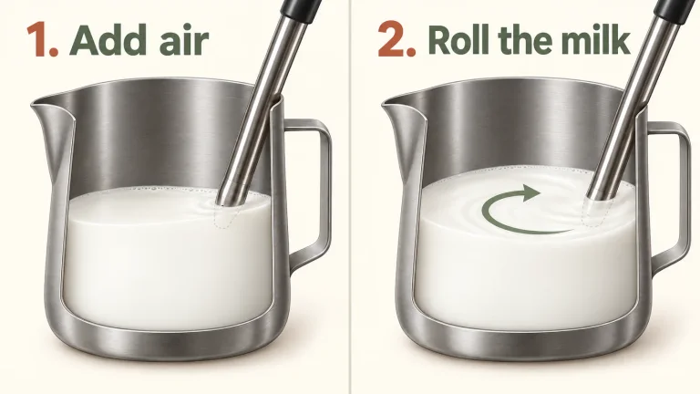AI cutaway illustration of adding air near the milk surface, then submerging the steam tip slightly to roll the milk