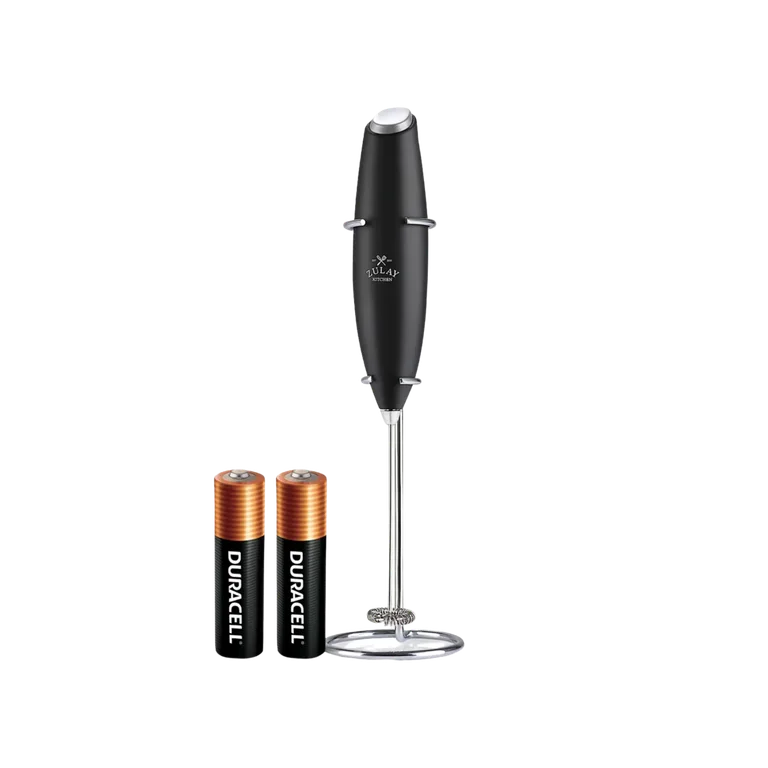 Black Zulay Milk Boss handheld frother with wire stand and two AA batteries