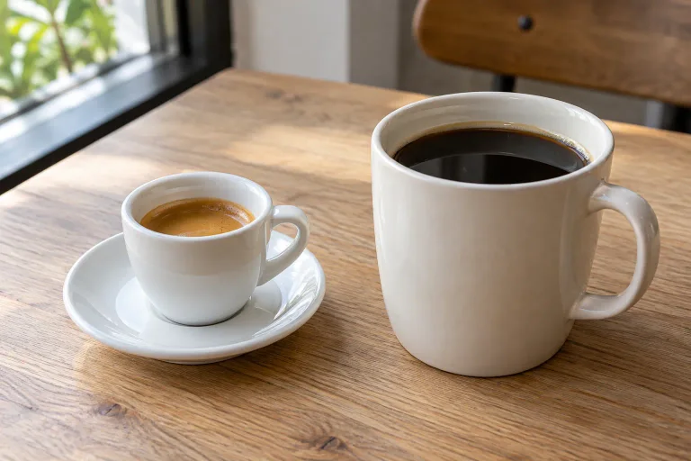 A small espresso and a larger filter coffee served in plain ceramic cups