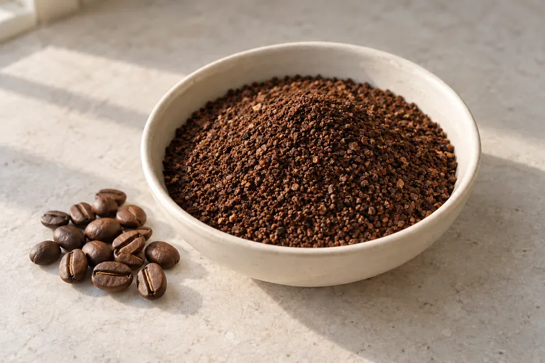 Coarsely ground coffee in a shallow ceramic bowl beside whole coffee beans