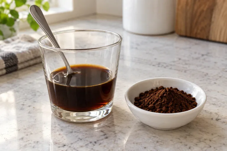 Dissolved instant espresso in a small glass beside a dish of dry espresso powder