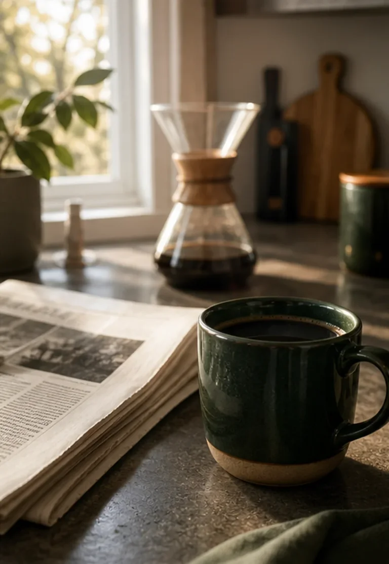 America drinks coffee daily: Morning coffee ritual with a green mug and newspaper on a sunlit kitchen counter