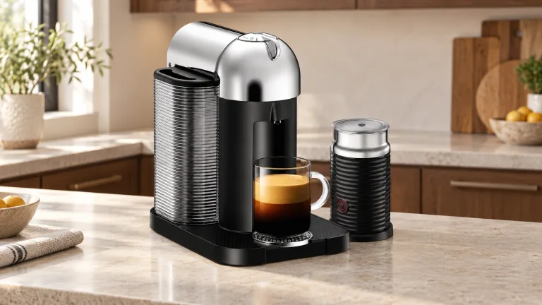 Nespresso VertuoLine in its Original Vertuo Chrome by Breville with Aeroccino3, BNV250CRO1BUC1 configuration on a stone counter in a modern kitchen