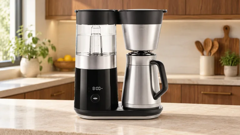 OXO On Barista Brain 9-Cup in its Original OXO On Barista Brain 9-cup8710100 stainless/black configuration on a stone counter in a modern kitchen