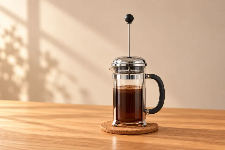 Coffee steeping in a French press with the plunger raised above the brew