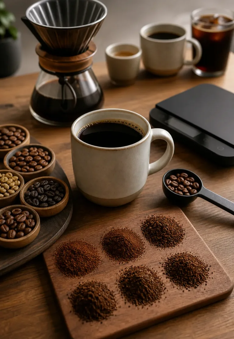 Regular coffee varies too: Coffee measurement counter with one mug surrounded by roast samples, grind piles, scoop, blank scale, and different cups