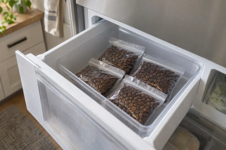 Small sealed portions of whole coffee beans inside an ordinary freezer drawer