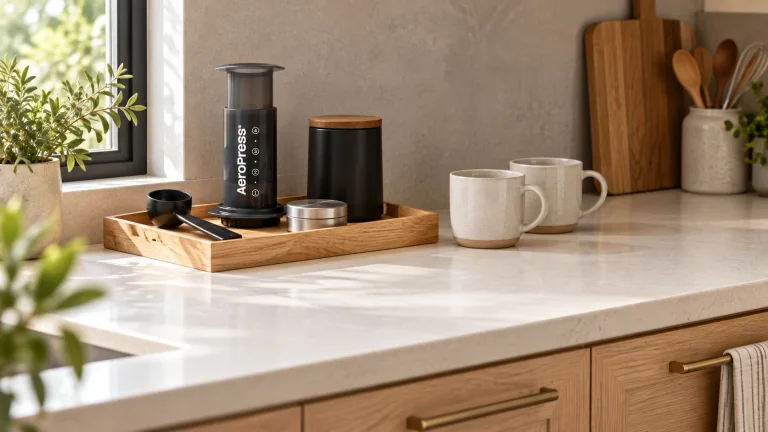 AeroPress Original, scoop and closed containers grouped on a wooden tray beside mugs in a pale oak kitchen