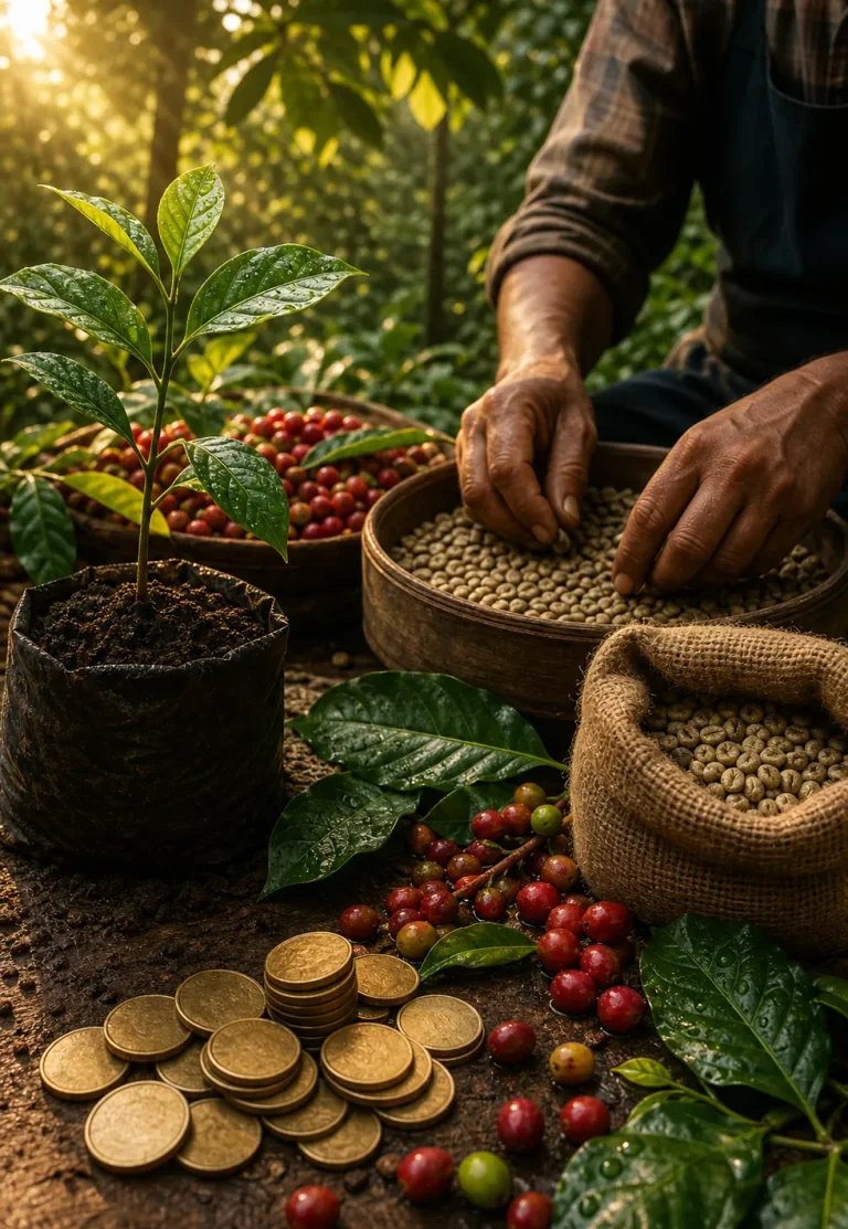 Sustainability has three sides: Sustainable coffee farm scene with seedling, cherries, farmer hands, green beans, burlap sack, coins, and wet leaves