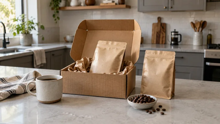 AI illustration of a fresh coffee delivery with unbranded bags in a modern kitchen.