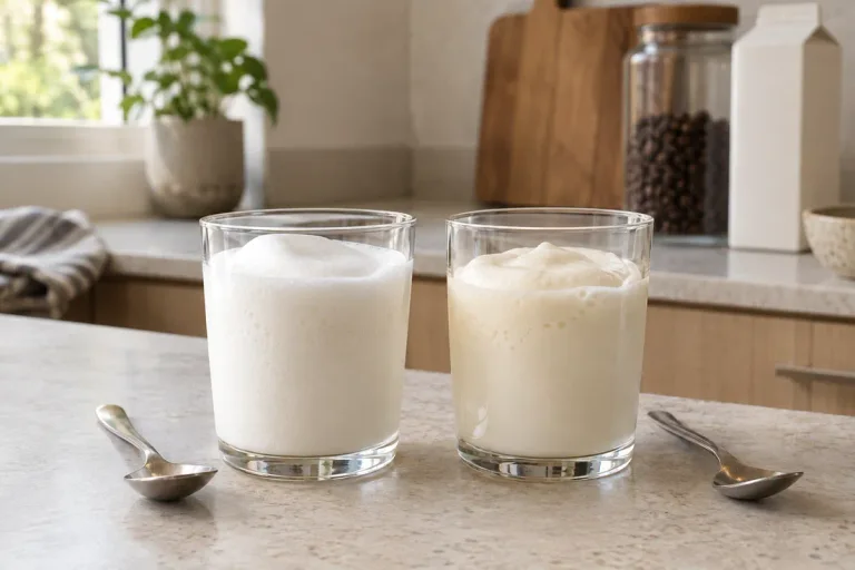 Two small glasses illustrating light milk foam and richer sweet cream foam