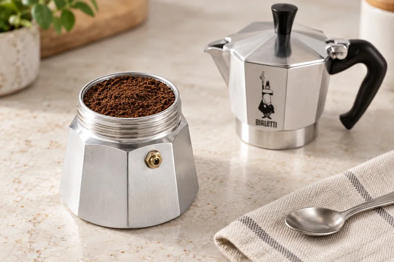 Loose ground coffee filling the funnel of a cold Moka Express, with clean threads and the upper chamber set aside