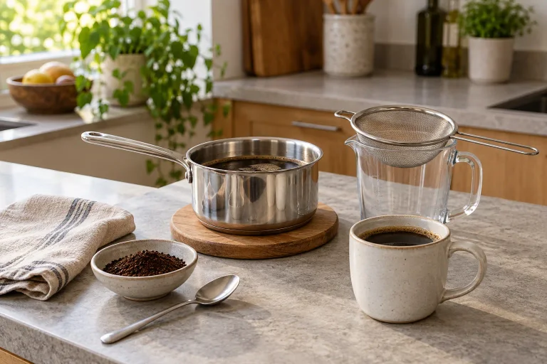 Saucepan off the heat, mug of coffee and a kitchen strainer over a heat-safe jug