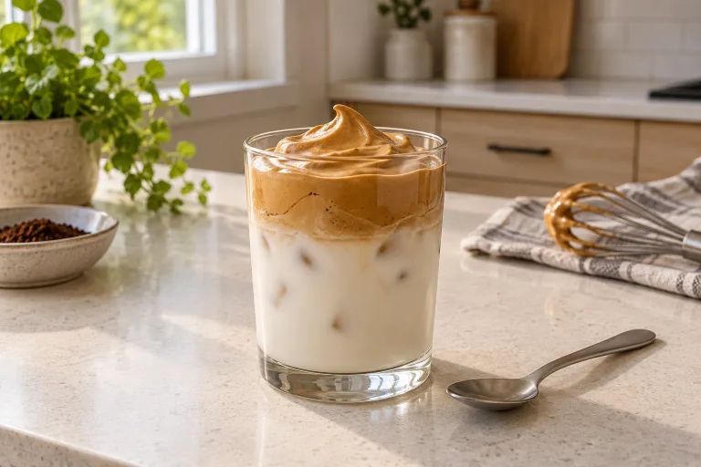 Caramel-colored whipped coffee over iced milk in a clear glass in a modern kitchen