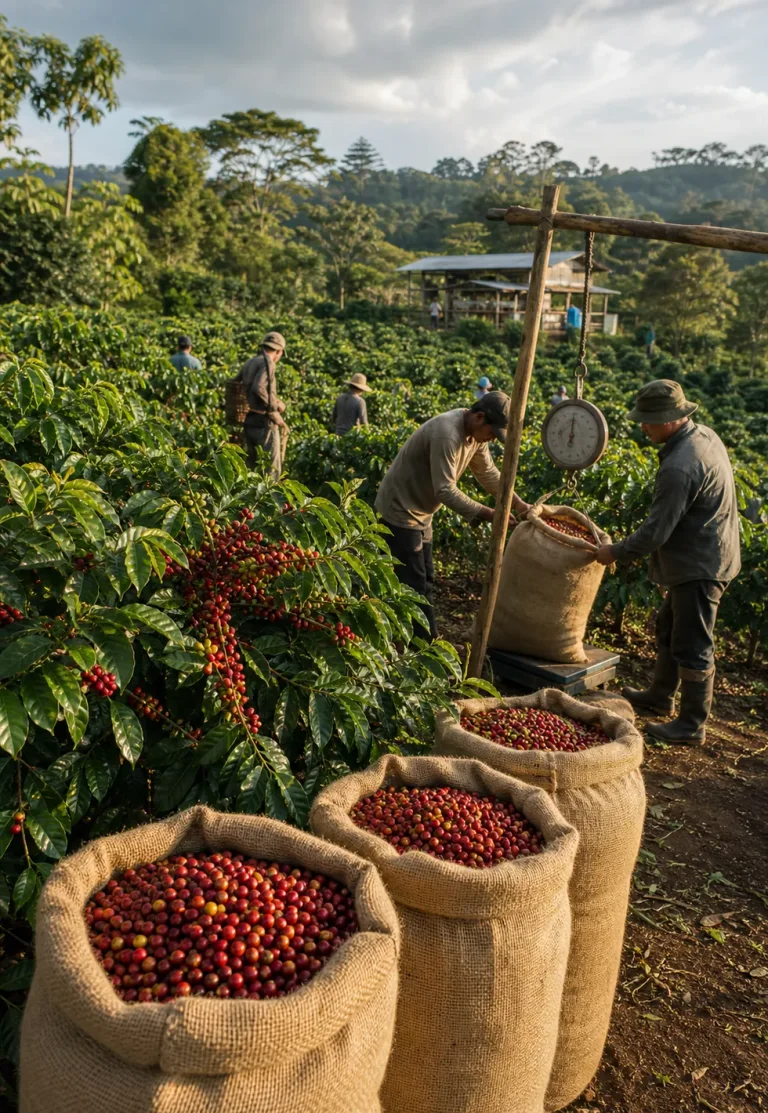 Robusta has grown in share: Large Robusta coffee farm harvest with full burlap sacks, dense cherries, weighing station, and workers