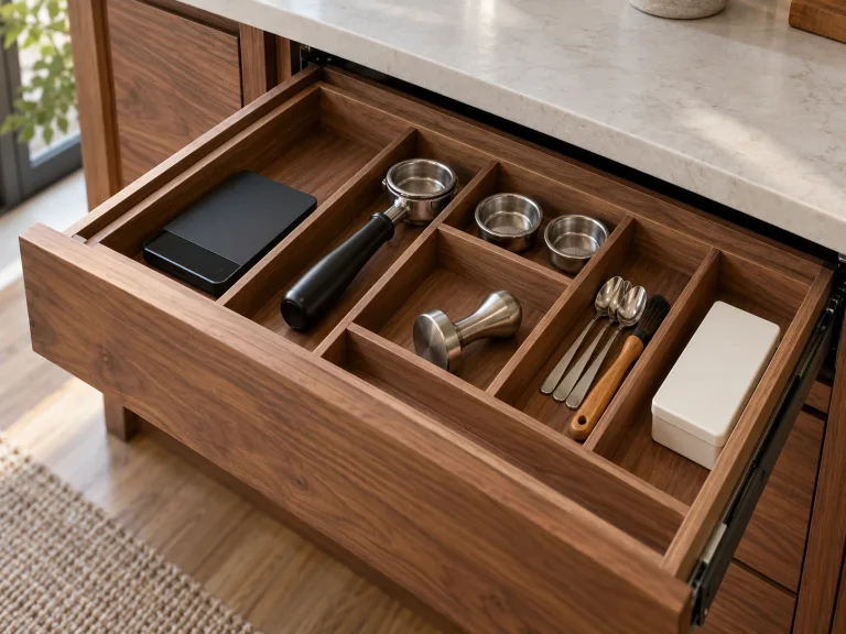 Fully extended walnut coffee drawer with separate compartments for a scale, portafilter, tamper, baskets, spoons and filter box