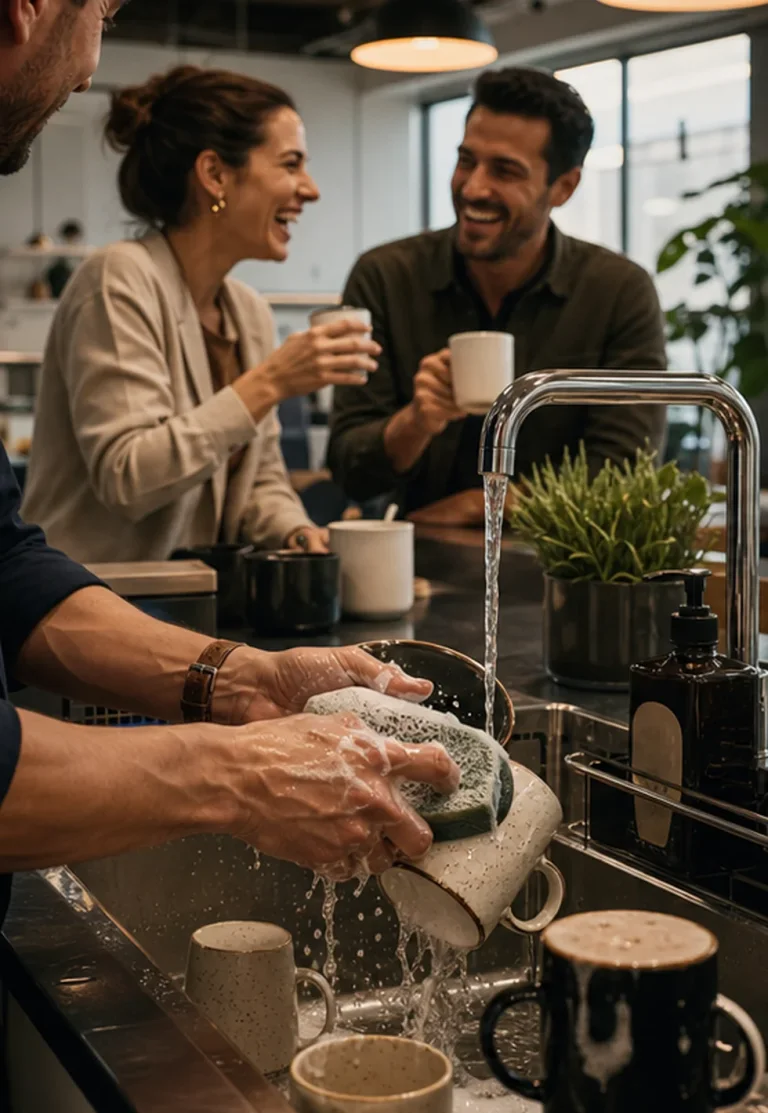 Office mugs need real cleaning: Office mugs being washed in a shared workplace kitchen