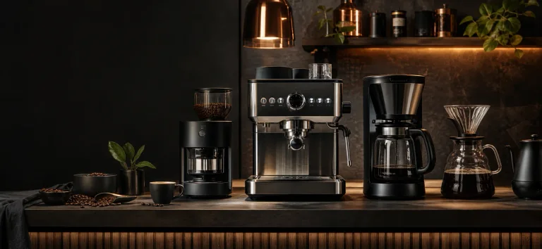 Coffee maker illustration with machines, cups, and notes