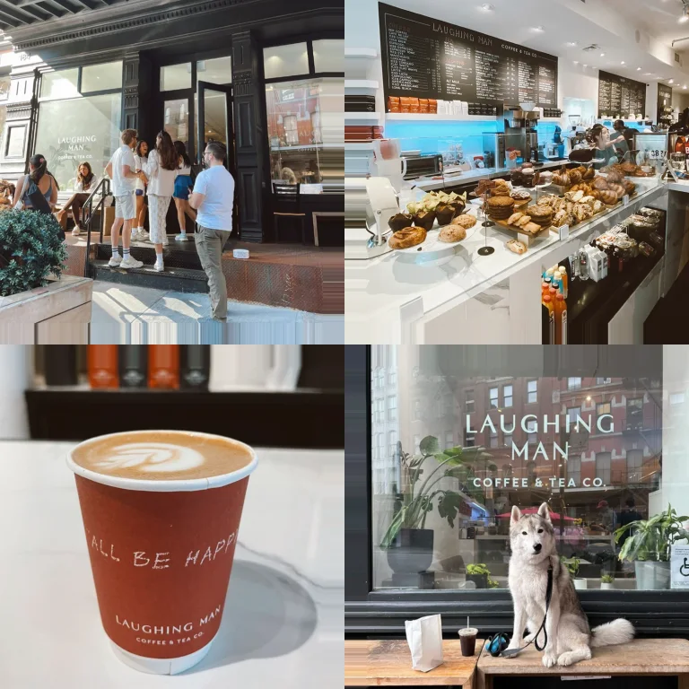 Operator collage showing Laughing Man café, its counter, coffee cup and entrance