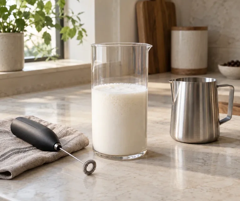 Pourable cold foam in a narrow beaker beside a switched-off handheld frother